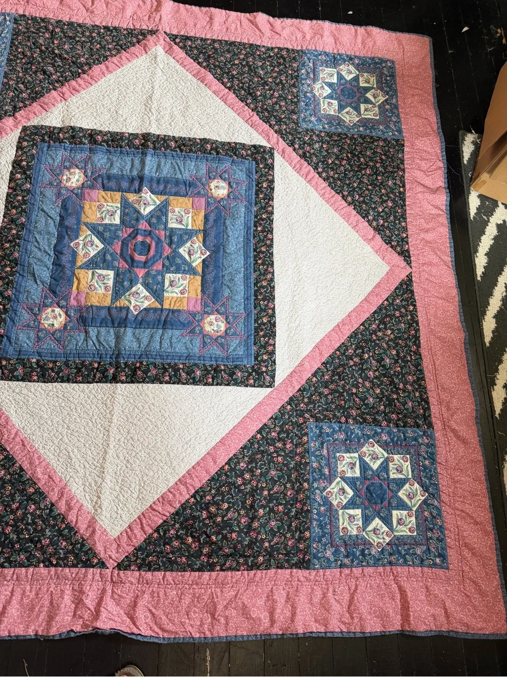 Handmade Star Patchwork Quilt in Pink, Blue, and Cream